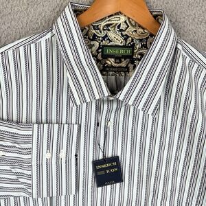 NEW Inserch Button Shirt Mens 5XL White Gray Stripe Jacquard 100% Cotton Casual